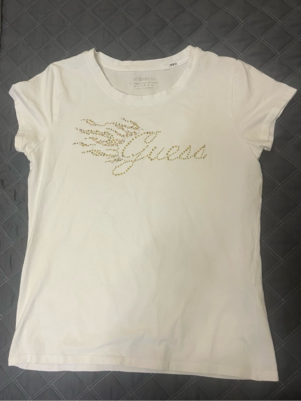 Guess White Short Sleeve Tee with Gold Stud Logo